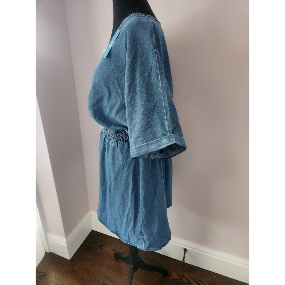 NWT CUPSHE Denim Mini Dress Women’s V Neck Smocked Waist Short Sleeve XL - Picture 9 of 12